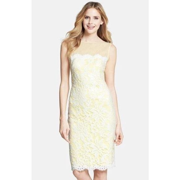 Tadashi Shoji Women's Yellow Illusions Yoke Embroidered Lace Sheath Dress Size10 - Picture 1 of 11